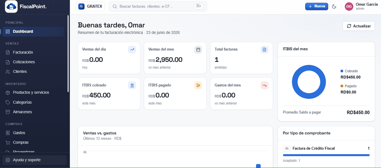 Panel de FiscalPoint para emitir y consultar facturas electrónicas e-CF ante la DGII